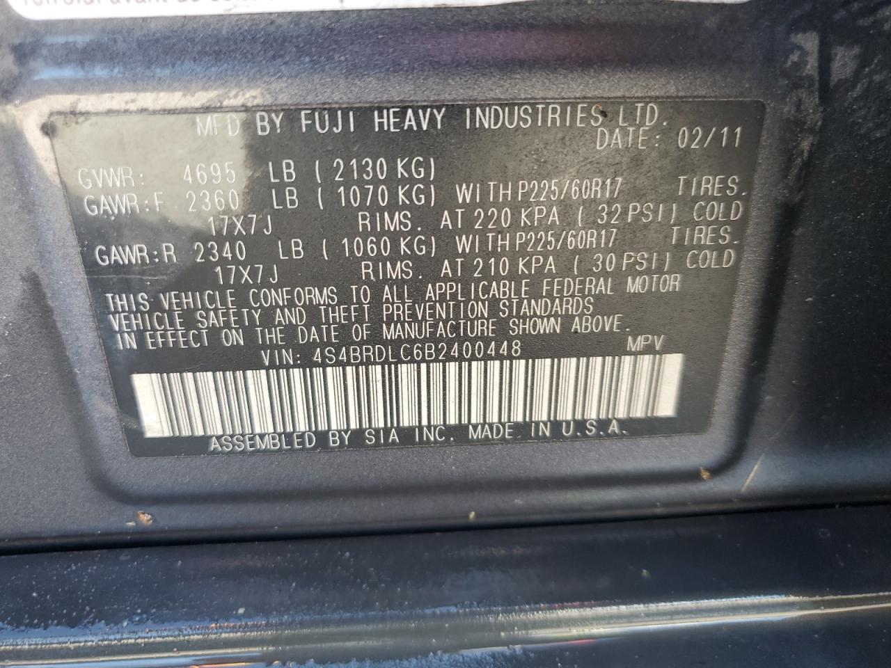 2011 Subaru Outback 3.6R Limited VIN: 4S4BRDLC6B2400448 Lot: 86624125