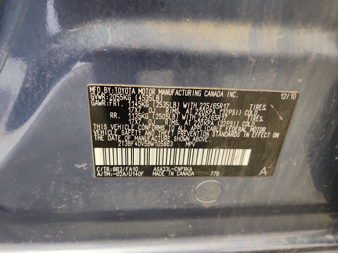 2011 Toyota Rav4 VIN: 2T3BF4DV5BW105863 Lot: 86527545