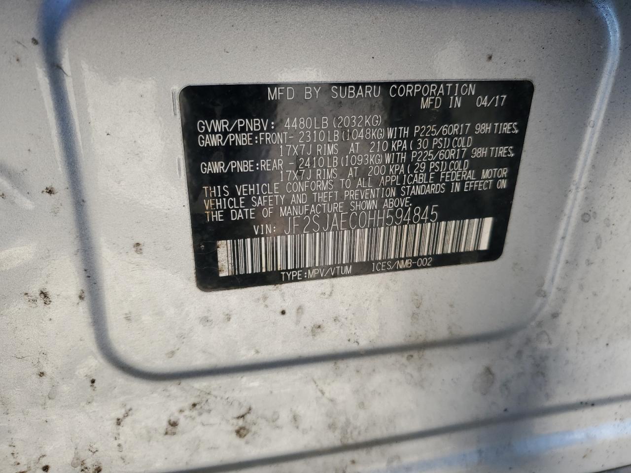 2017 Subaru Forester 2.5I Premium VIN: JF2SJAEC0HH594845 Lot: 84297755