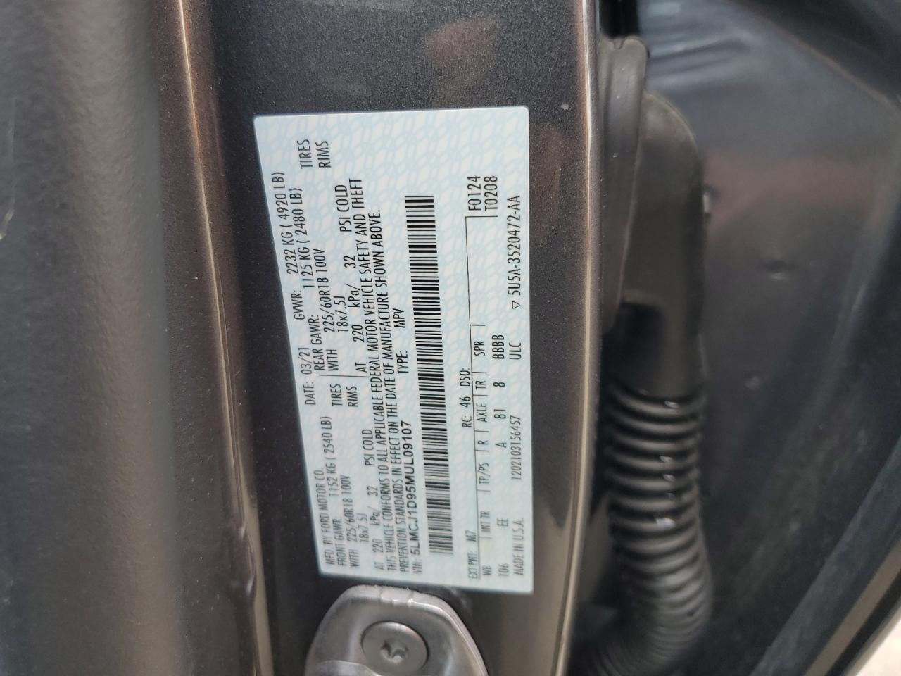 2021 Lincoln Corsair VIN: 5LMCJ1D95MUL09107 Lot: 85507335