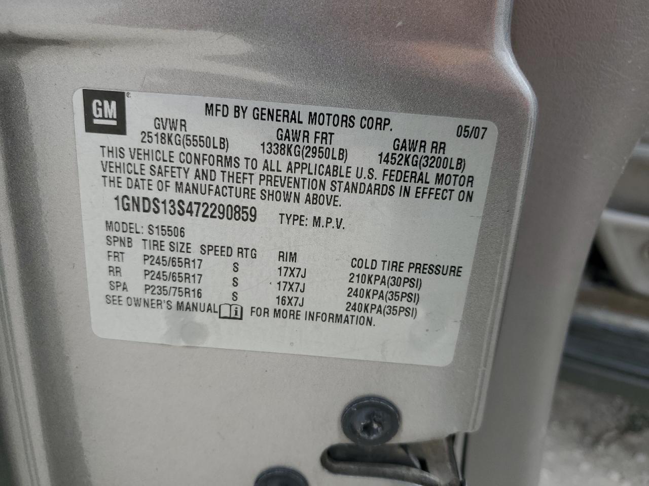 2007 Chevrolet Trailblazer Ls VIN: 1GNDS13S472290859 Lot: 86137095