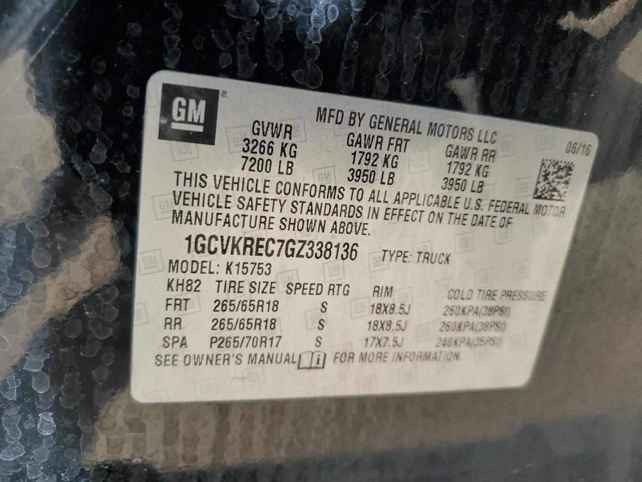 2016 Chevrolet Silverado K1500 Lt VIN: 1GCVKREC7GZ338136 Lot: 85823675