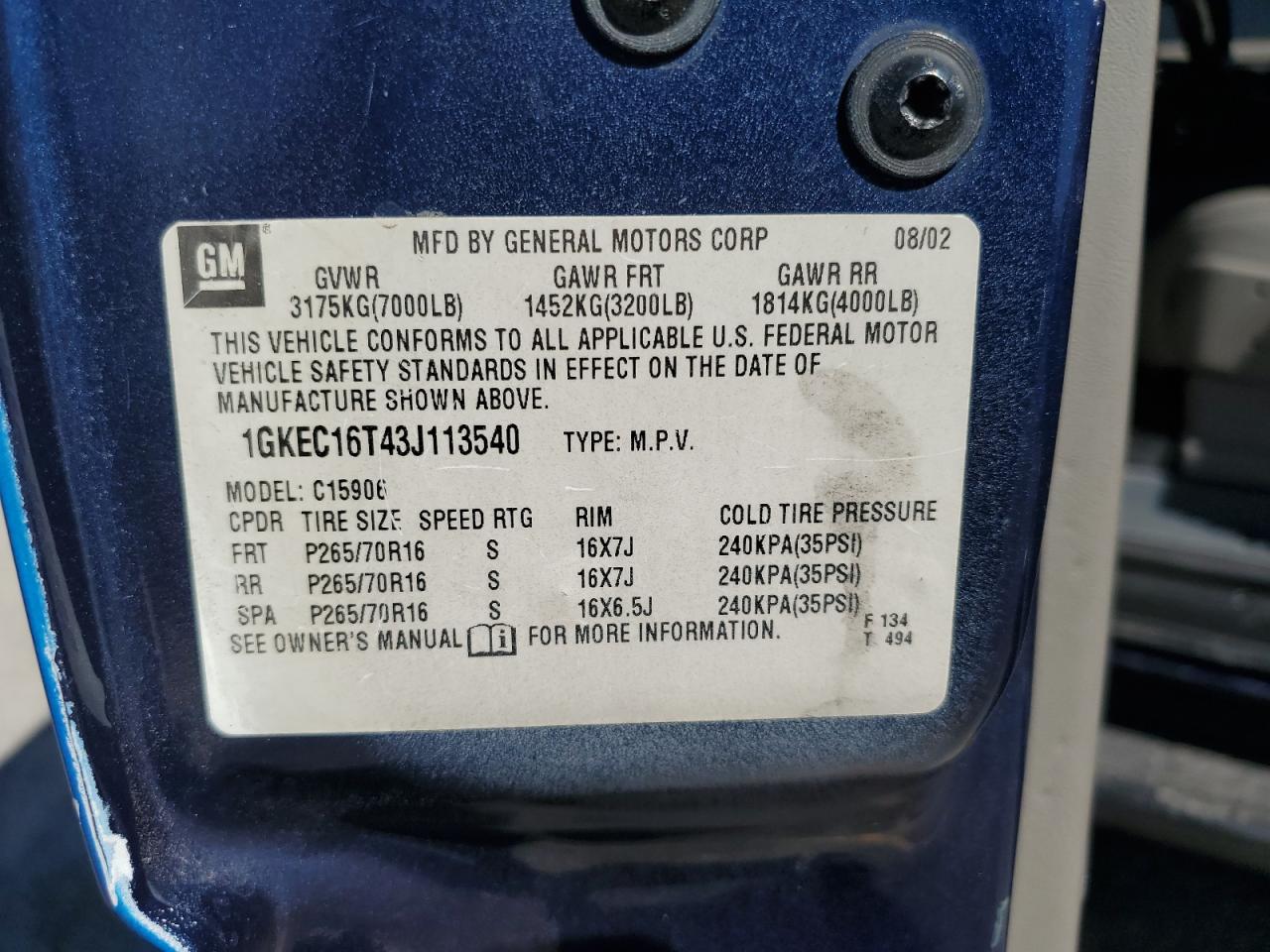 2003 GMC Yukon Xl C1500 VIN: 1GKEC16T43J113540 Lot: 85153905