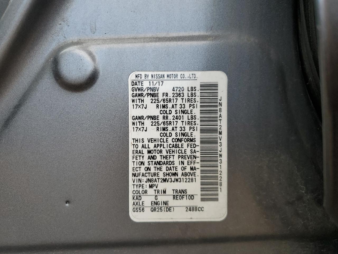 2018 Nissan Rogue S VIN: JN8AT2MV3JW312281 Lot: 82382225