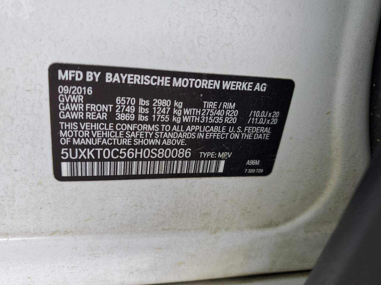 2017 BMW X5 Xdr40E VIN: 5UXKT0C56H0S80086 Lot: 85862365