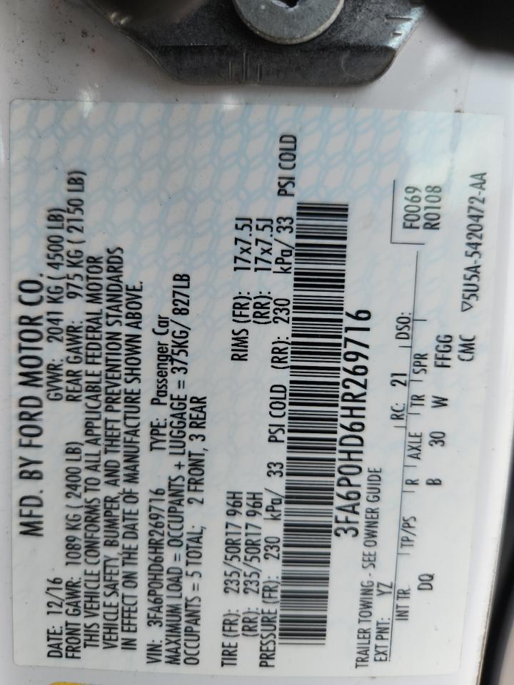 2017 Ford Fusion Se VIN: 3FA6P0HD6HR269716 Lot: 82628535