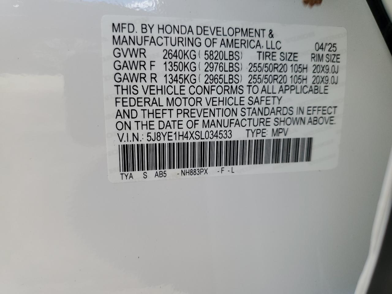 2025 Acura Mdx Technology VIN: 5J8YE1H4XSL034533 Lot: 87028465