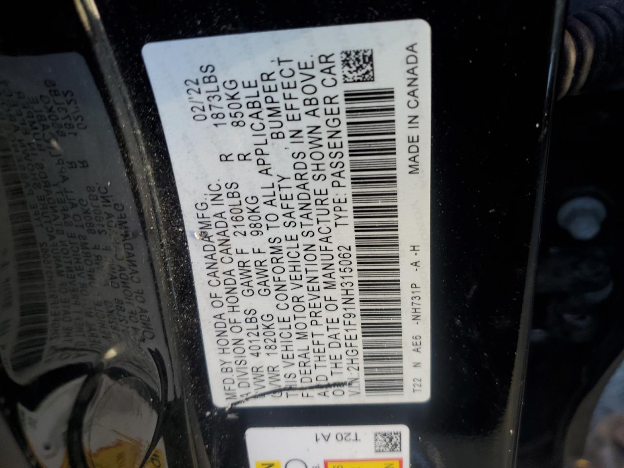 2022 Honda Civic Touring VIN: 2HGFE1F91NH315062 Lot: 81893515
