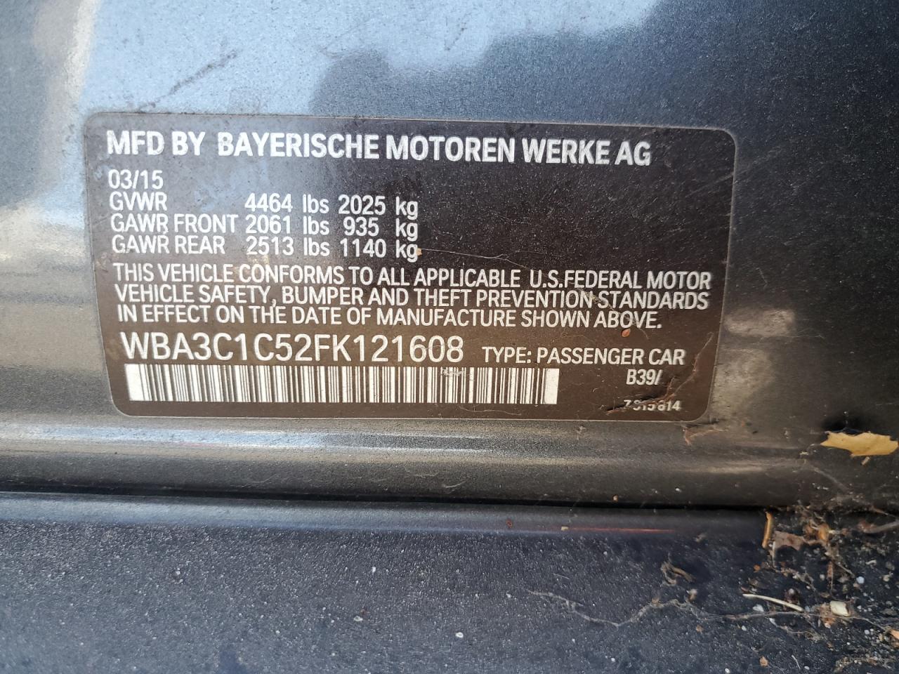 2015 BMW 328 I Sulev VIN: WBA3C1C52FK121608 Lot: 82374315