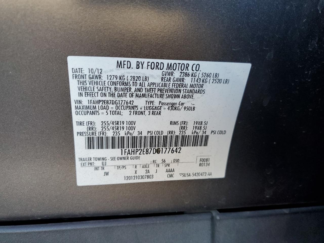 2013 Ford Taurus Sel VIN: 1FAHP2E87DG177642 Lot: 85400375