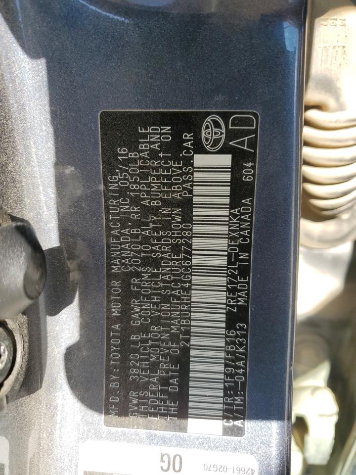 2016 Toyota Corolla L VIN: 2T1BURHE4GC677280 Lot: 86284565