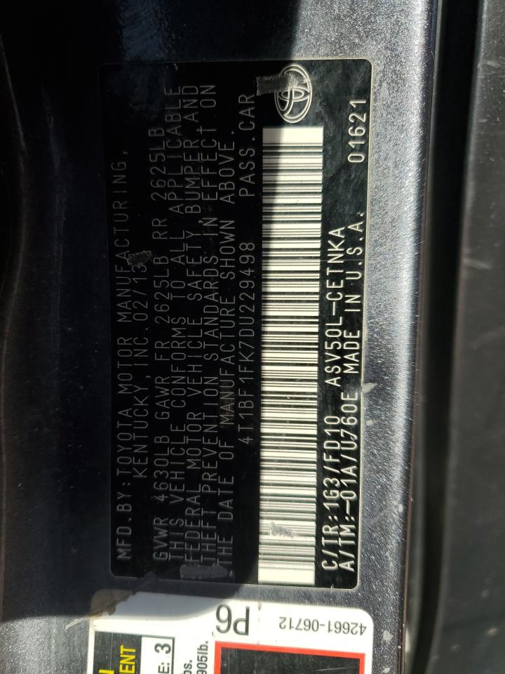 2013 Toyota Camry L VIN: 4T1BF1FK7DU229498 Lot: 85889465