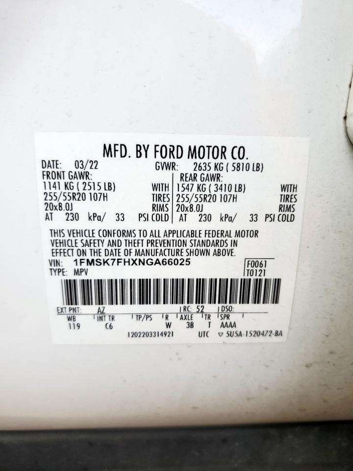 2022 Ford Explorer Limited VIN: 1FMSK7FHXNGA66025 Lot: 85157285