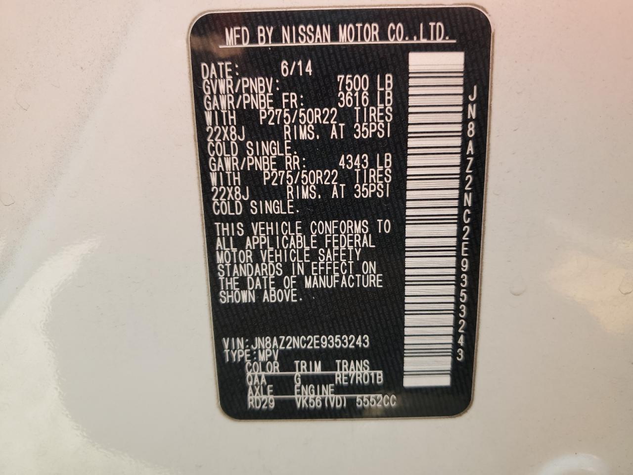 2014 Infiniti Qx80 VIN: JN8AZ2NC2E9353243 Lot: 90265915