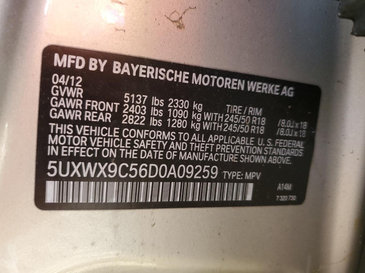 2013 BMW X3 xDrive28I VIN: 5UXWX9C56D0A09259 Lot: 82406255