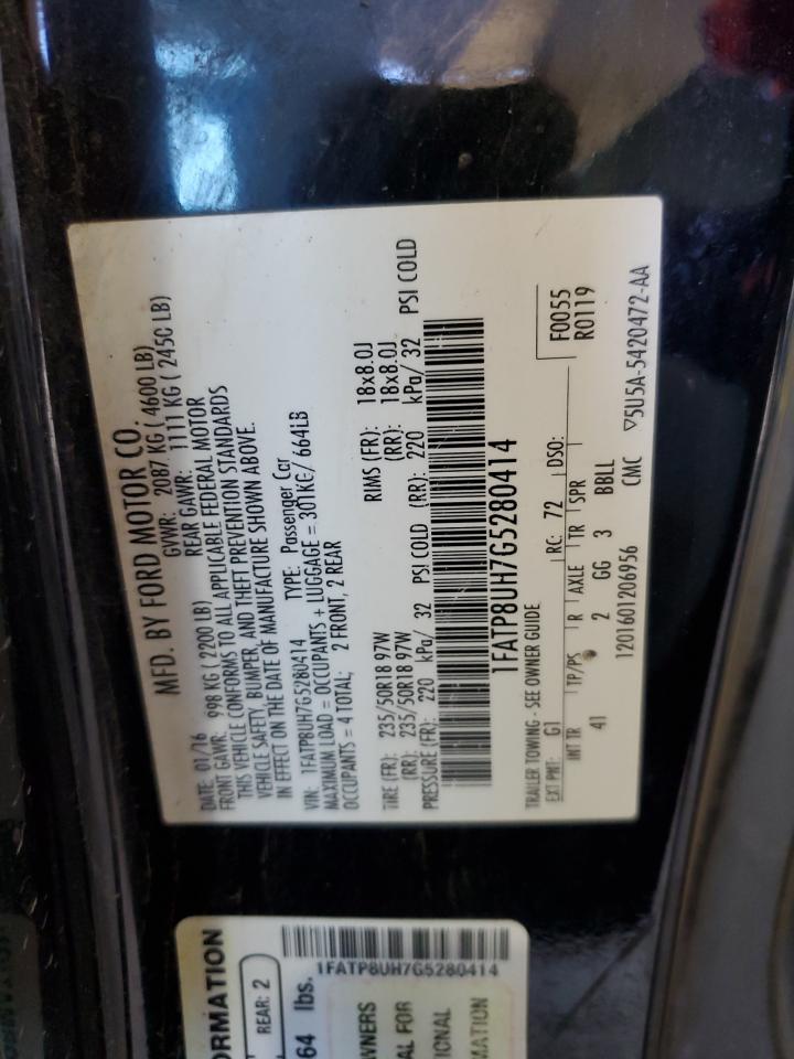 2016 Ford Mustang VIN: 1FATP8UH7G5280414 Lot: 86315055