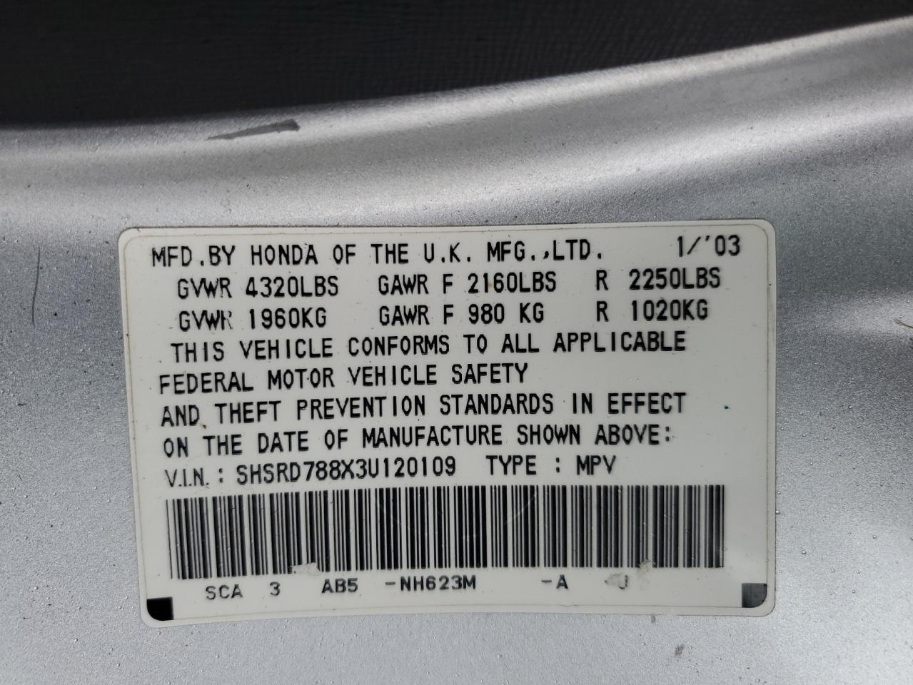 2003 Honda Cr-V Ex VIN: SHSRD788X3U120109 Lot: 86054805