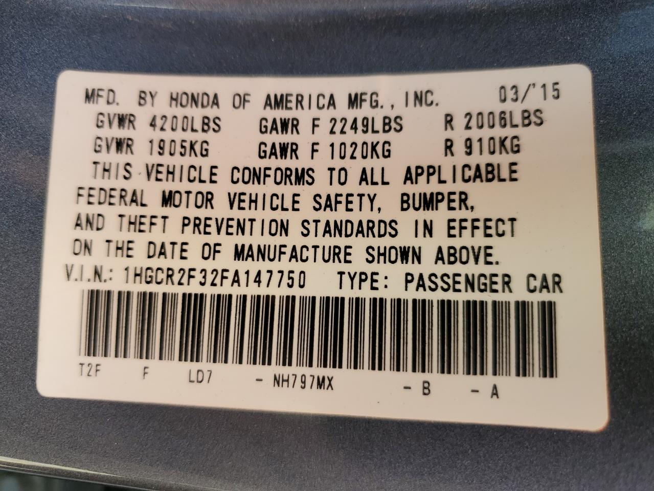 2015 Honda Accord Lx VIN: 1HGCR2F32FA147750 Lot: 86806865