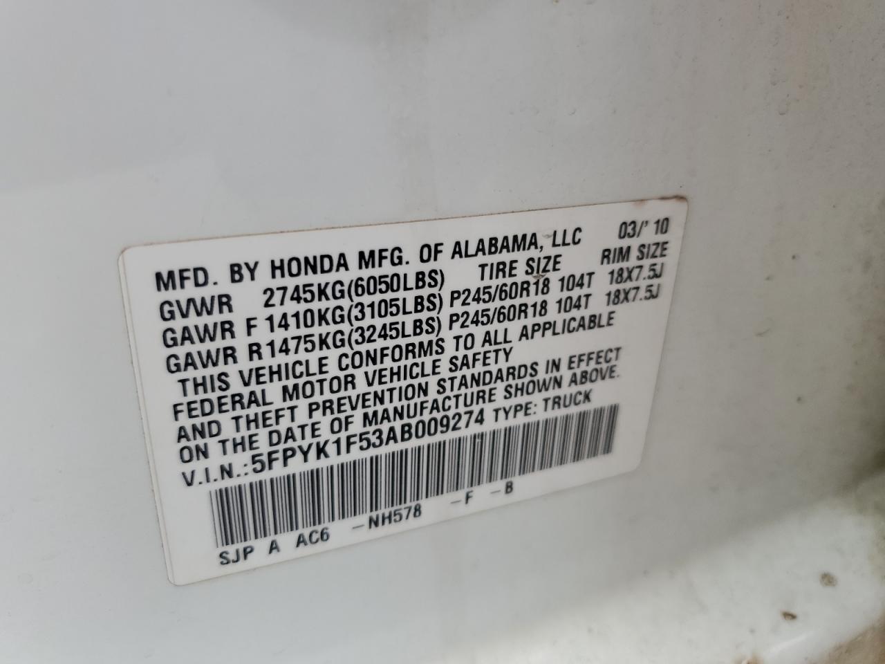2010 Honda Ridgeline Rtl VIN: 5FPYK1F53AB009274 Lot: 85280995