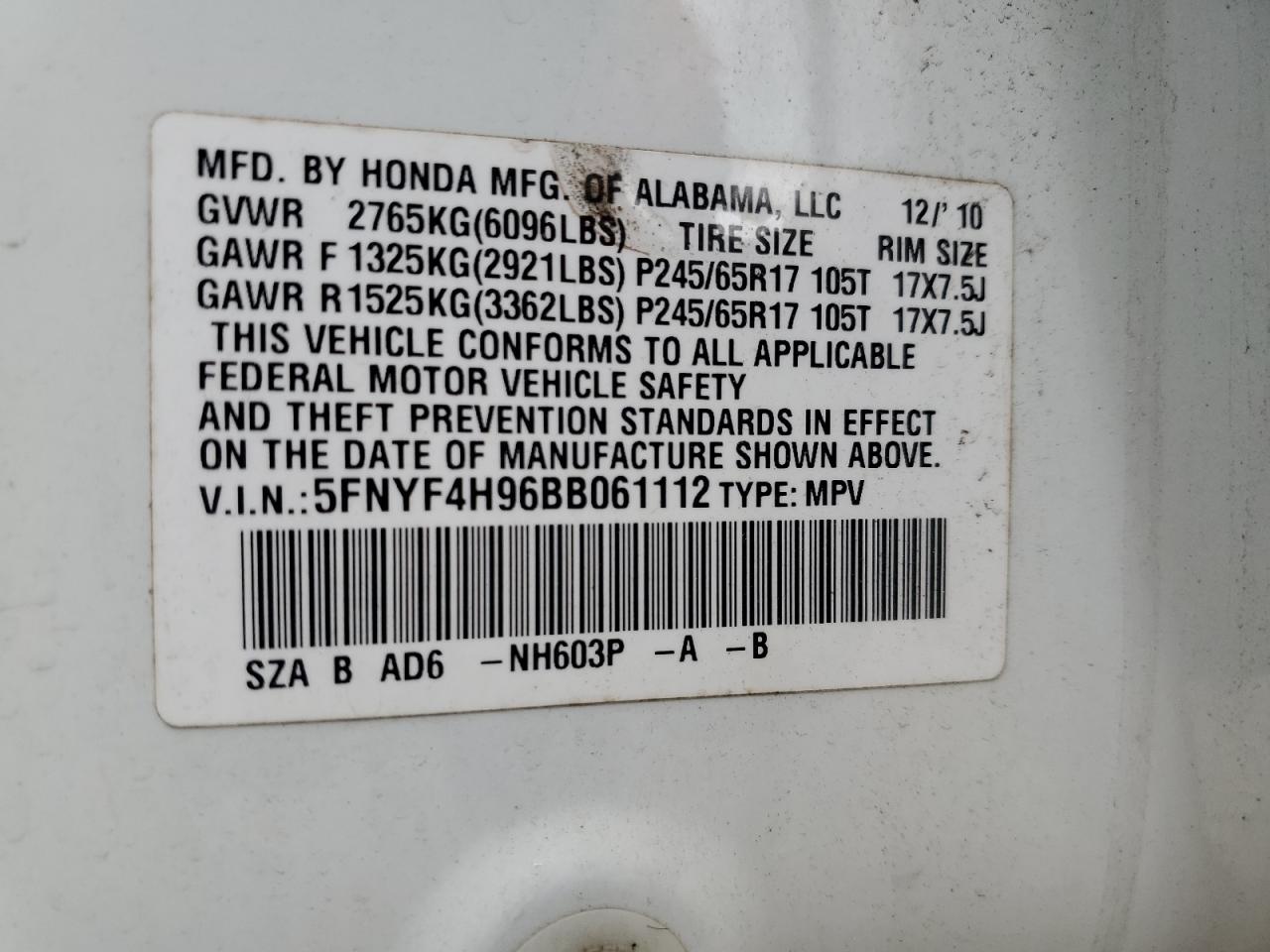 2011 Honda Pilot Touring VIN: 5FNYF4H96BB061112 Lot: 82473985