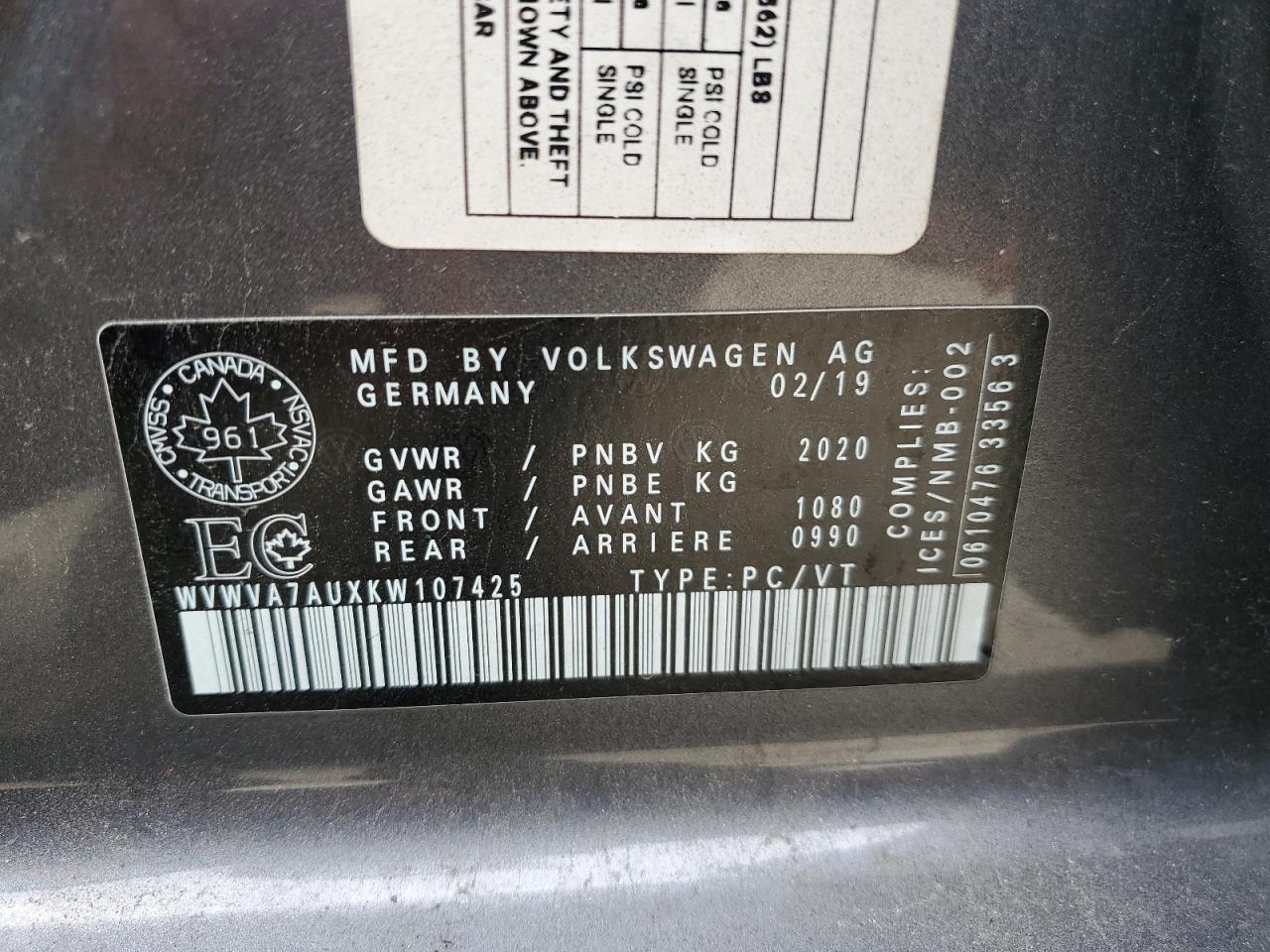 2019 Volkswagen Golf R VIN: WVWVA7AUXKW107425 Lot: 90415835