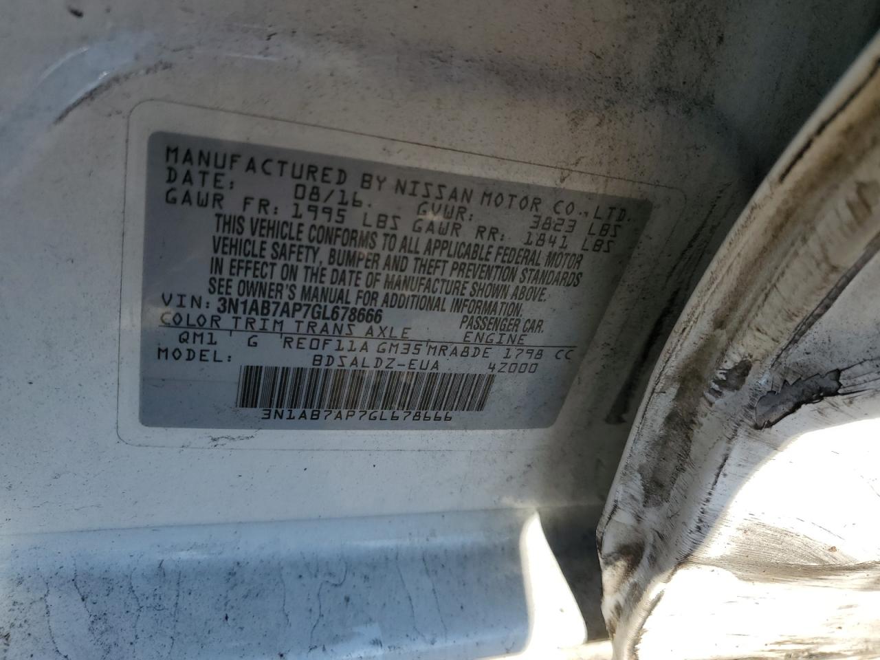 2016 Nissan Sentra S VIN: 3N1AB7AP7GL678666 Lot: 85820125