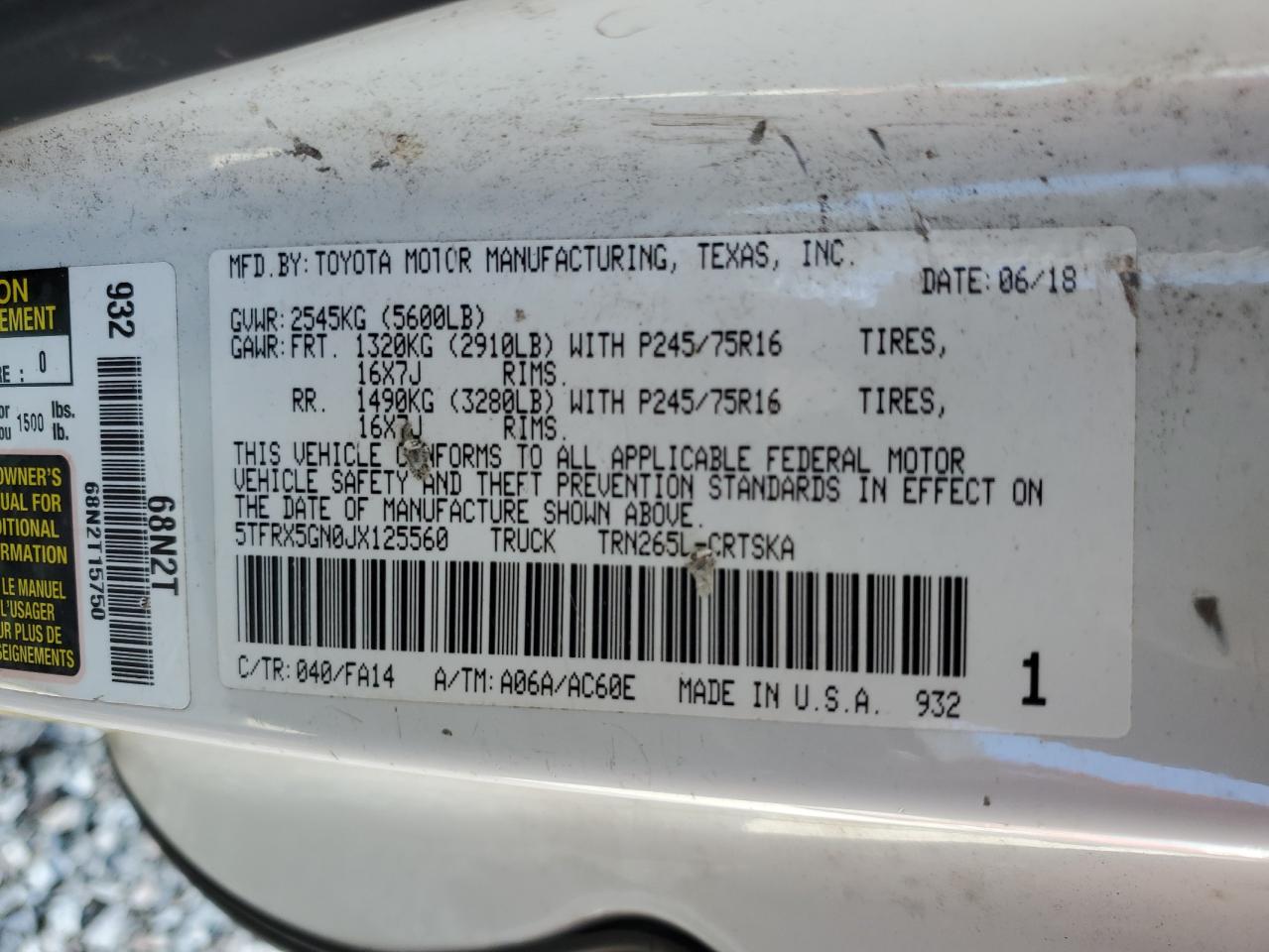 2018 Toyota Tacoma Access Cab VIN: 5TFRX5GN0JX125560 Lot: 86627405