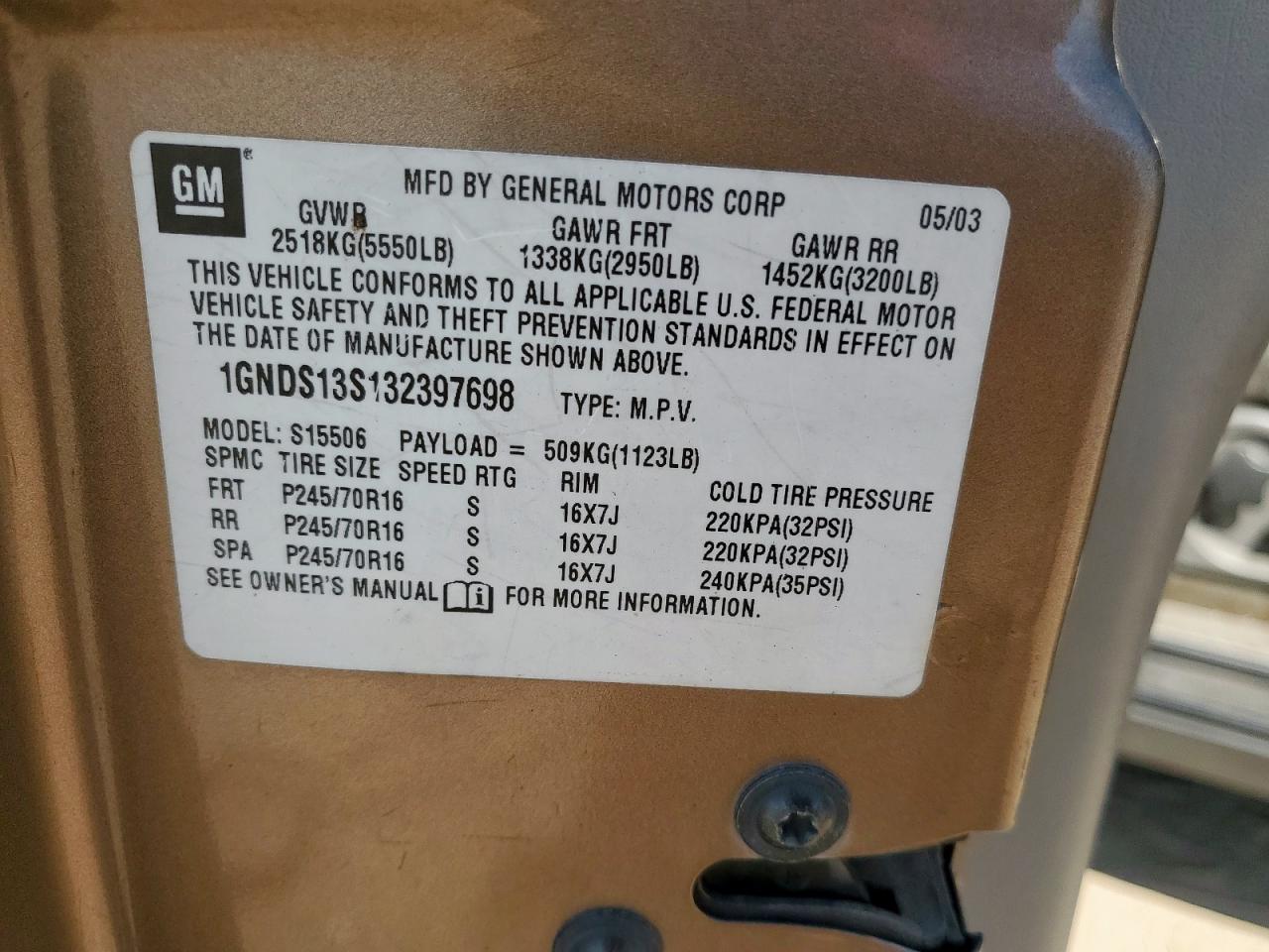 2003 Chevrolet Trailblazer VIN: 1GNDS13S132397698 Lot: 82404965