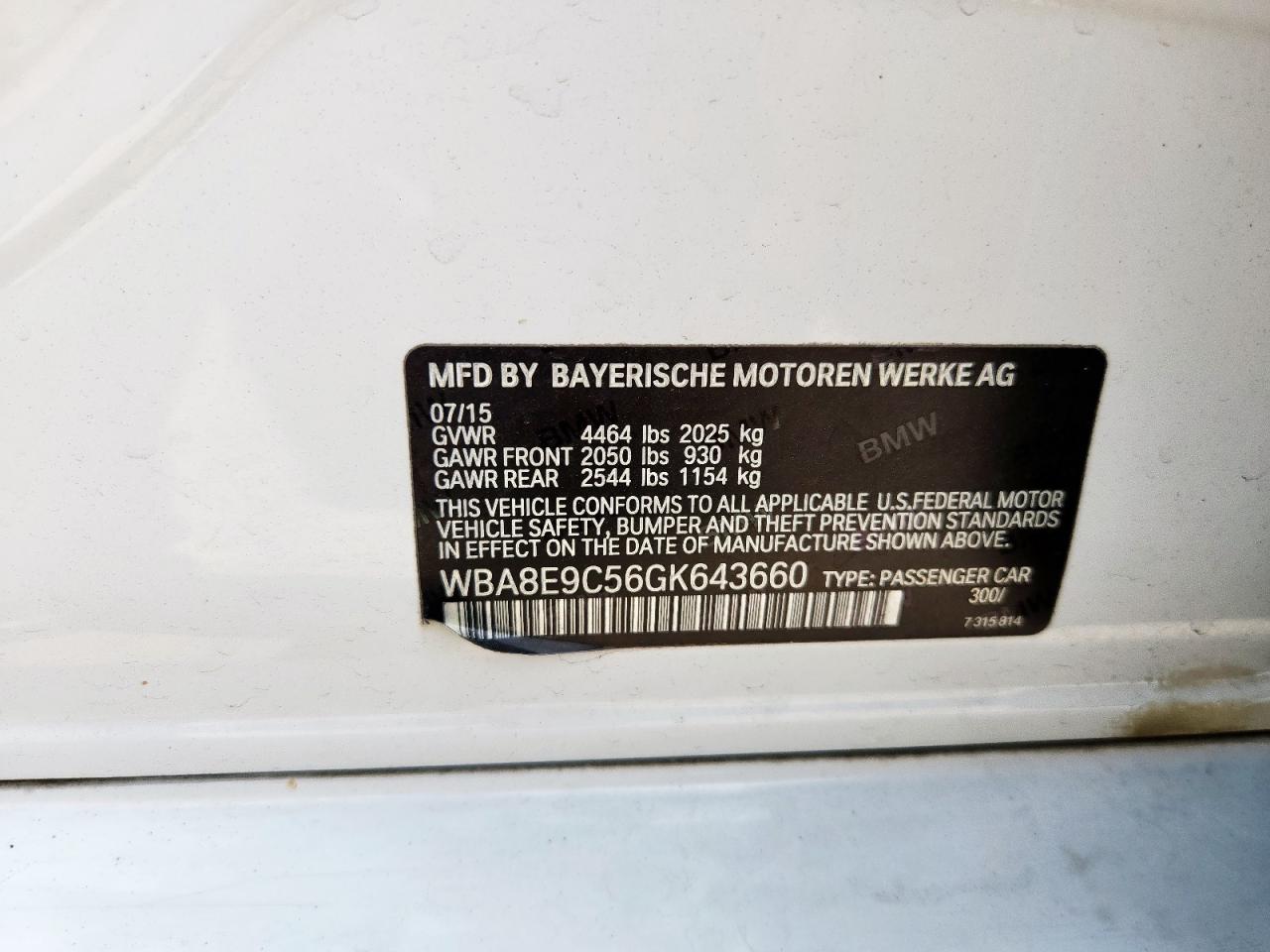 2016 BMW 328 I Sulev VIN: WBA8E9C56GK643660 Lot: 82228465