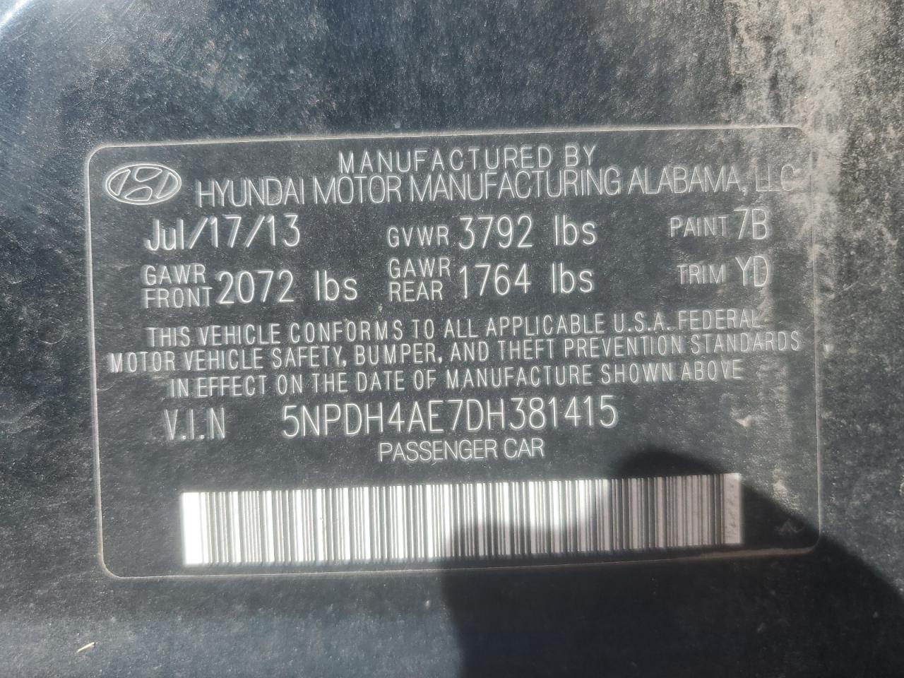 2013 Hyundai Elantra Gls VIN: 5NPDH4AE7DH381415 Lot: 84449755