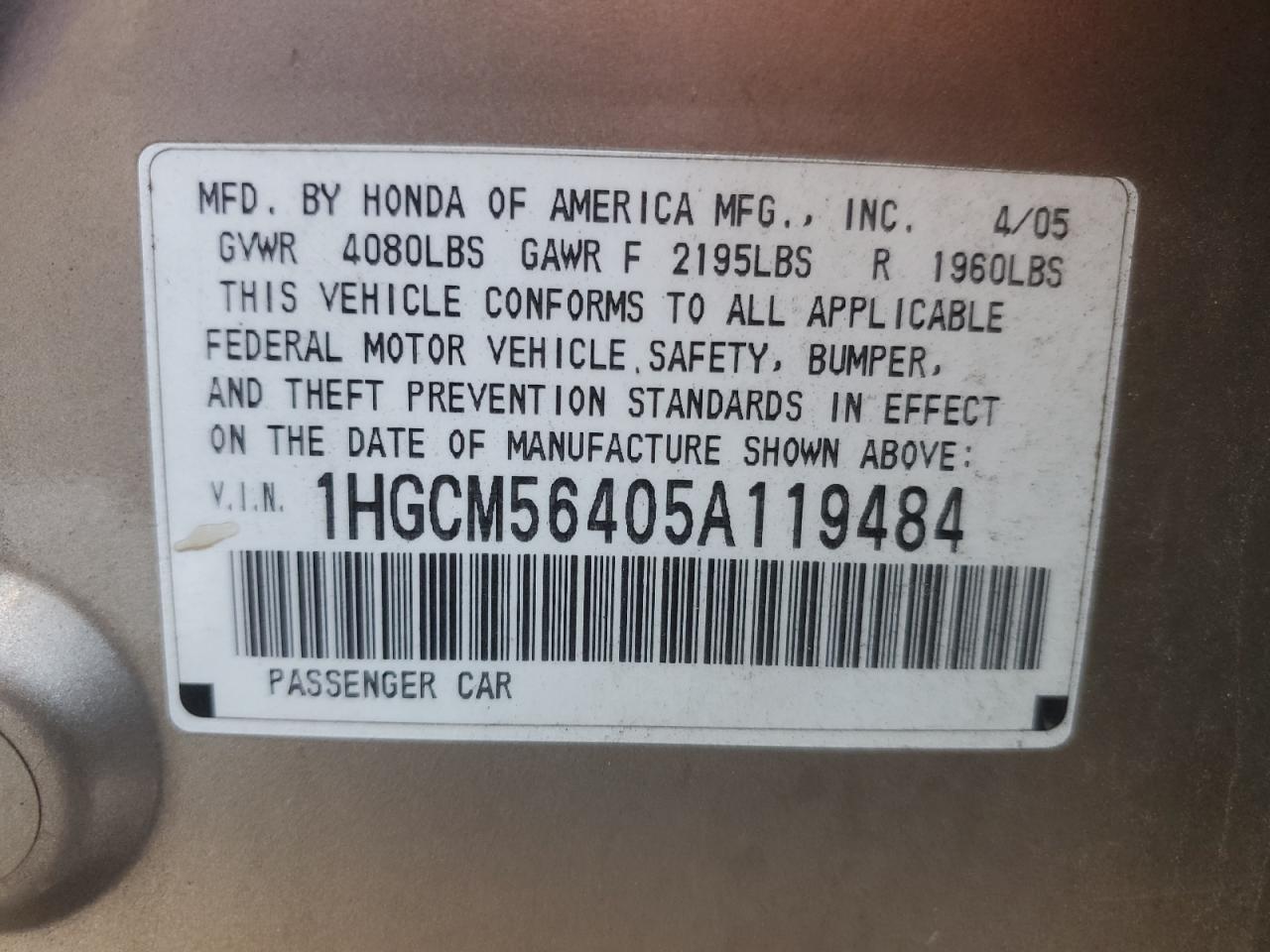 2005 Honda Accord Lx VIN: 1HGCM56405A119484 Lot: 86423895