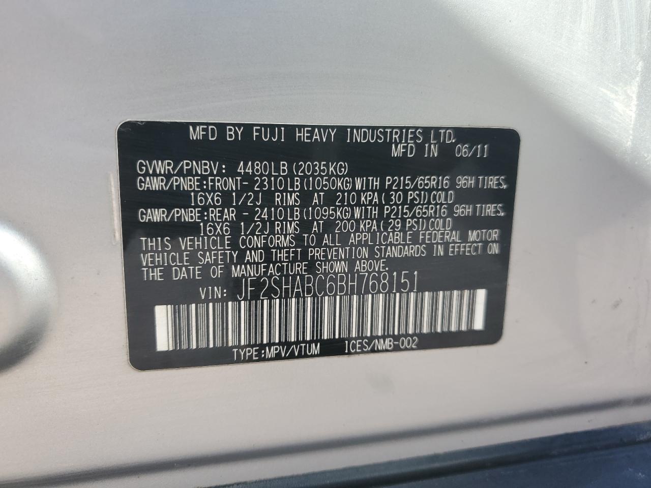 2011 Subaru Forester 2.5X VIN: JF2SHABC6BH768151 Lot: 87241675