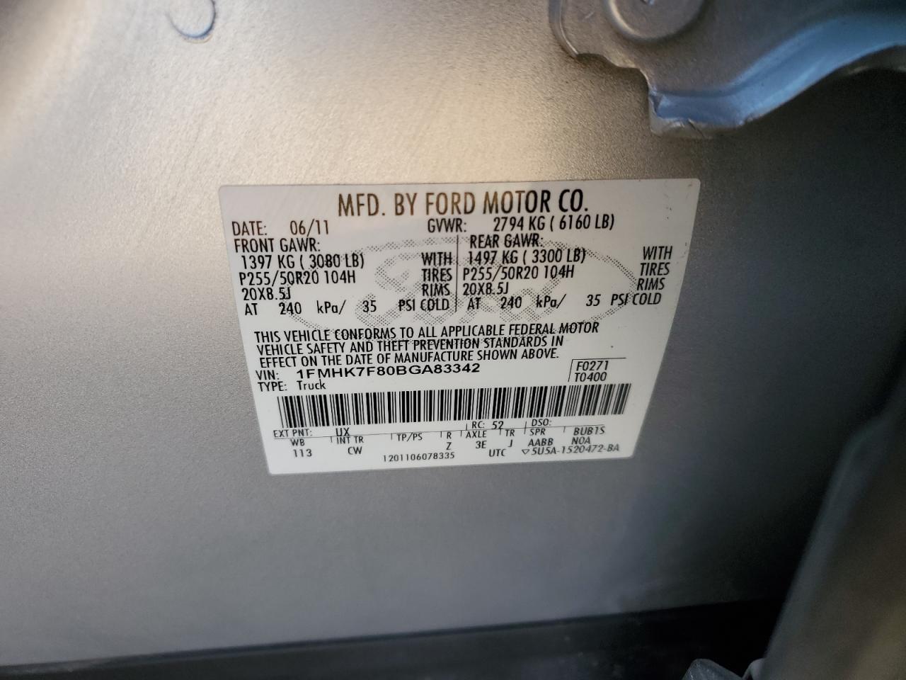 2011 Ford Explorer Limited VIN: 1FMHK7F80BGA83342 Lot: 89448835