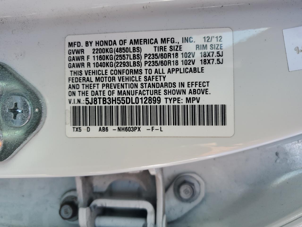 2013 Acura Rdx Technology VIN: 5J8TB3H55DL012899 Lot: 85170365