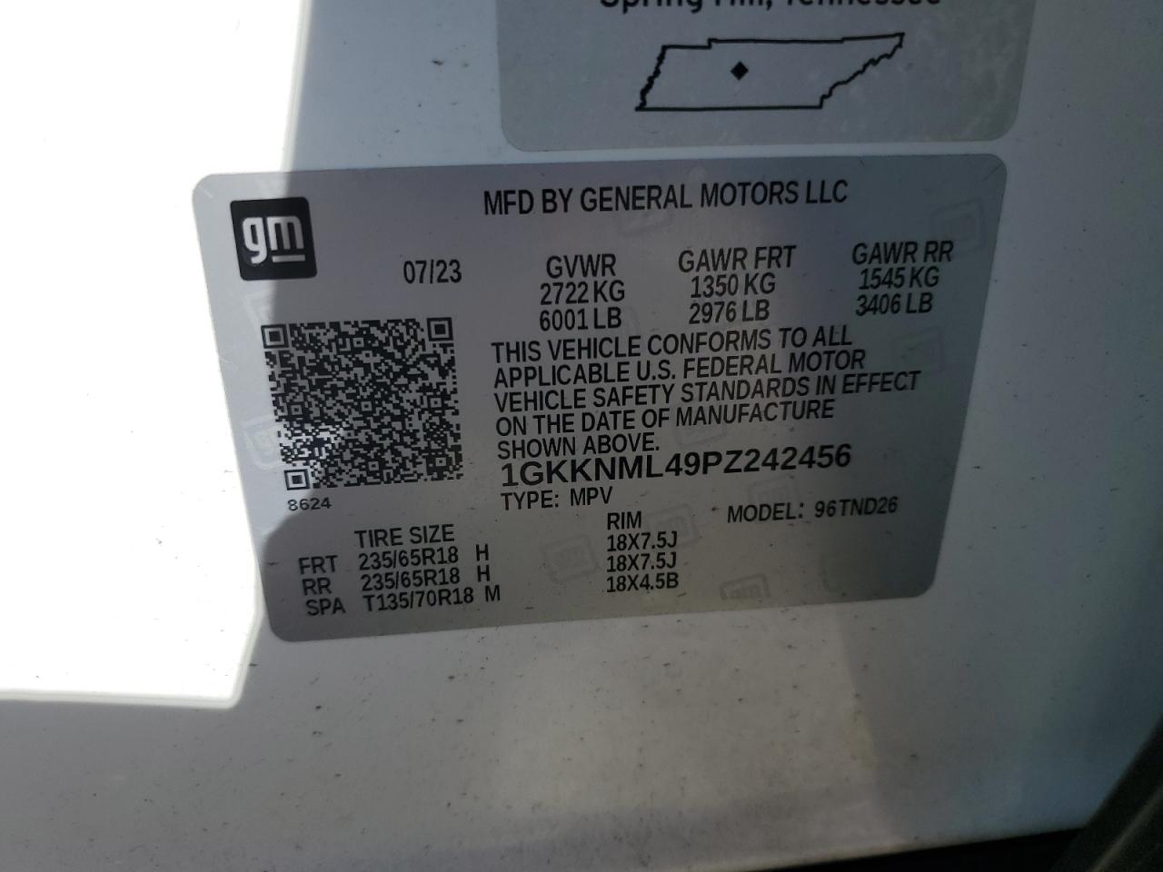 2023 GMC Acadia Slt VIN: 1GKKNML49PZ242456 Lot: 86081845