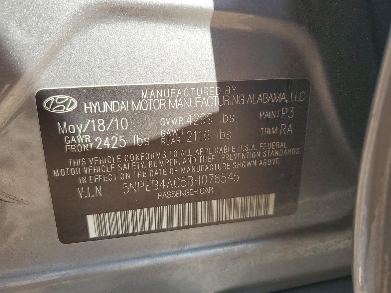 2011 Hyundai Sonata Gls VIN: 5NPEB4AC5BH076545 Lot: 86233825