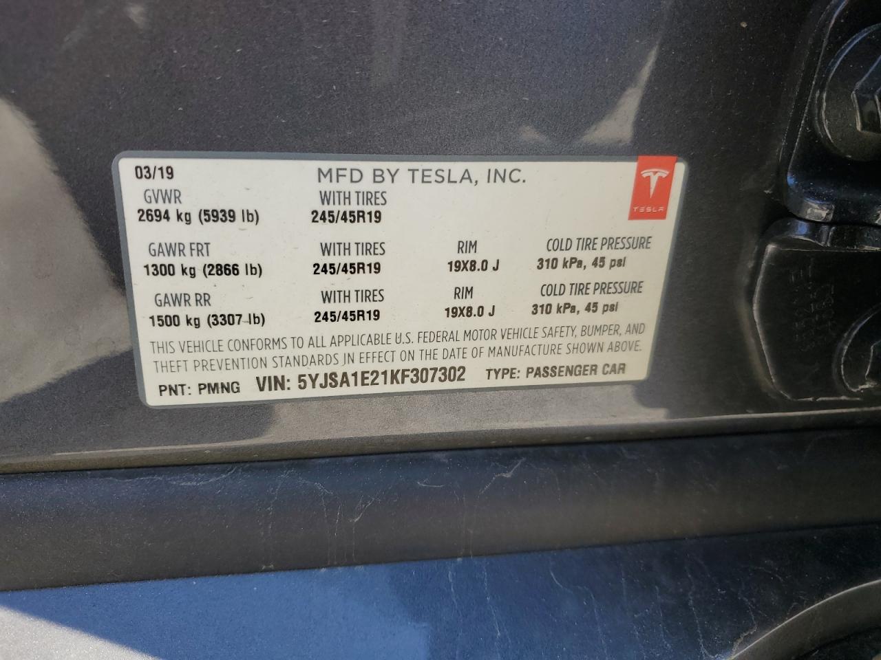 2019 Tesla Model S VIN: 5YJSA1E21KF307302 Lot: 82003275