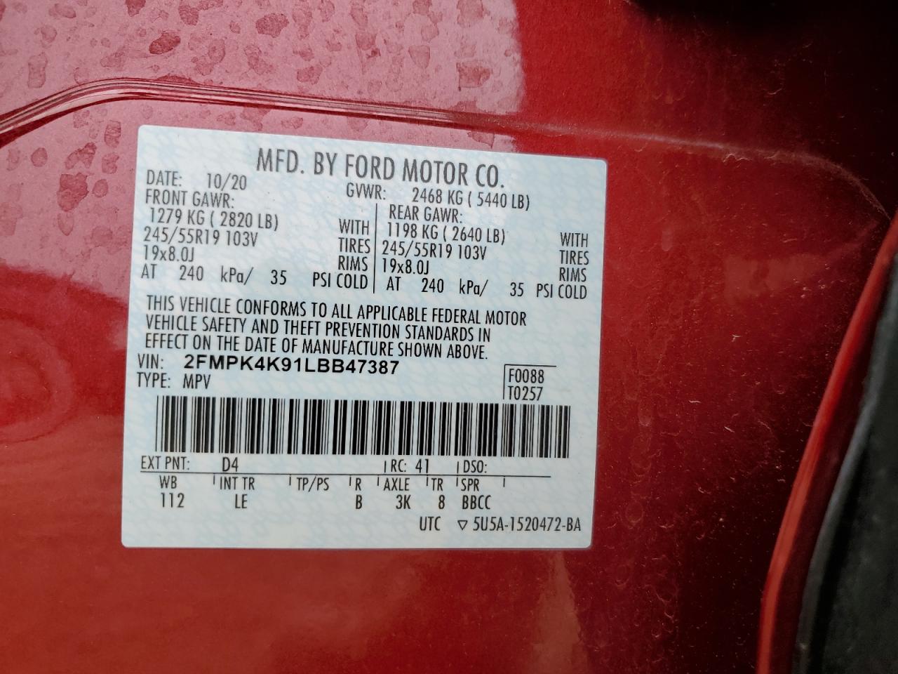 2020 Ford Edge Titanium VIN: 2FMPK4K91LBB47387 Lot: 90276745