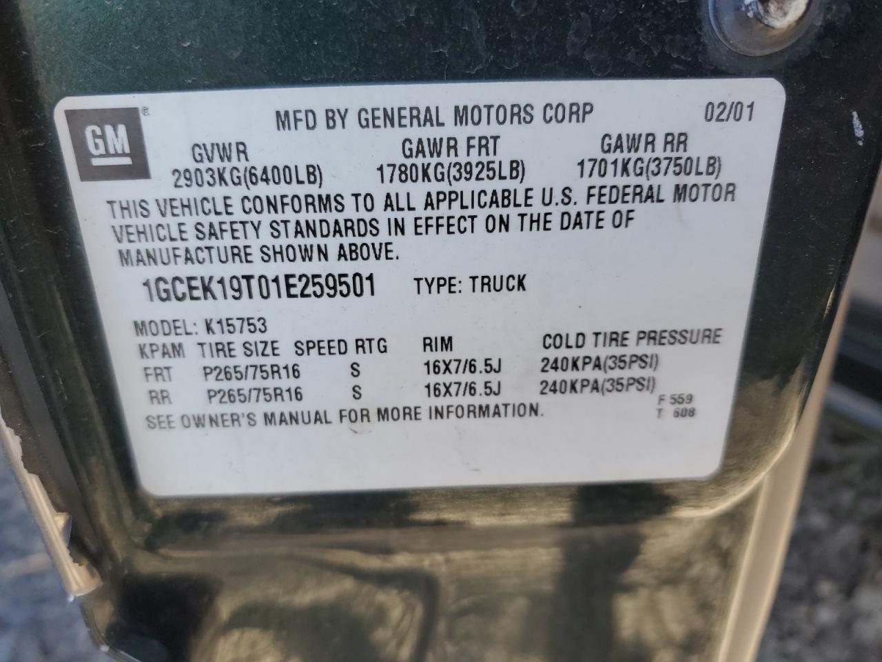 2001 Chevrolet Silverado K1500 VIN: 1GCEK19T01E259501 Lot: 85784615