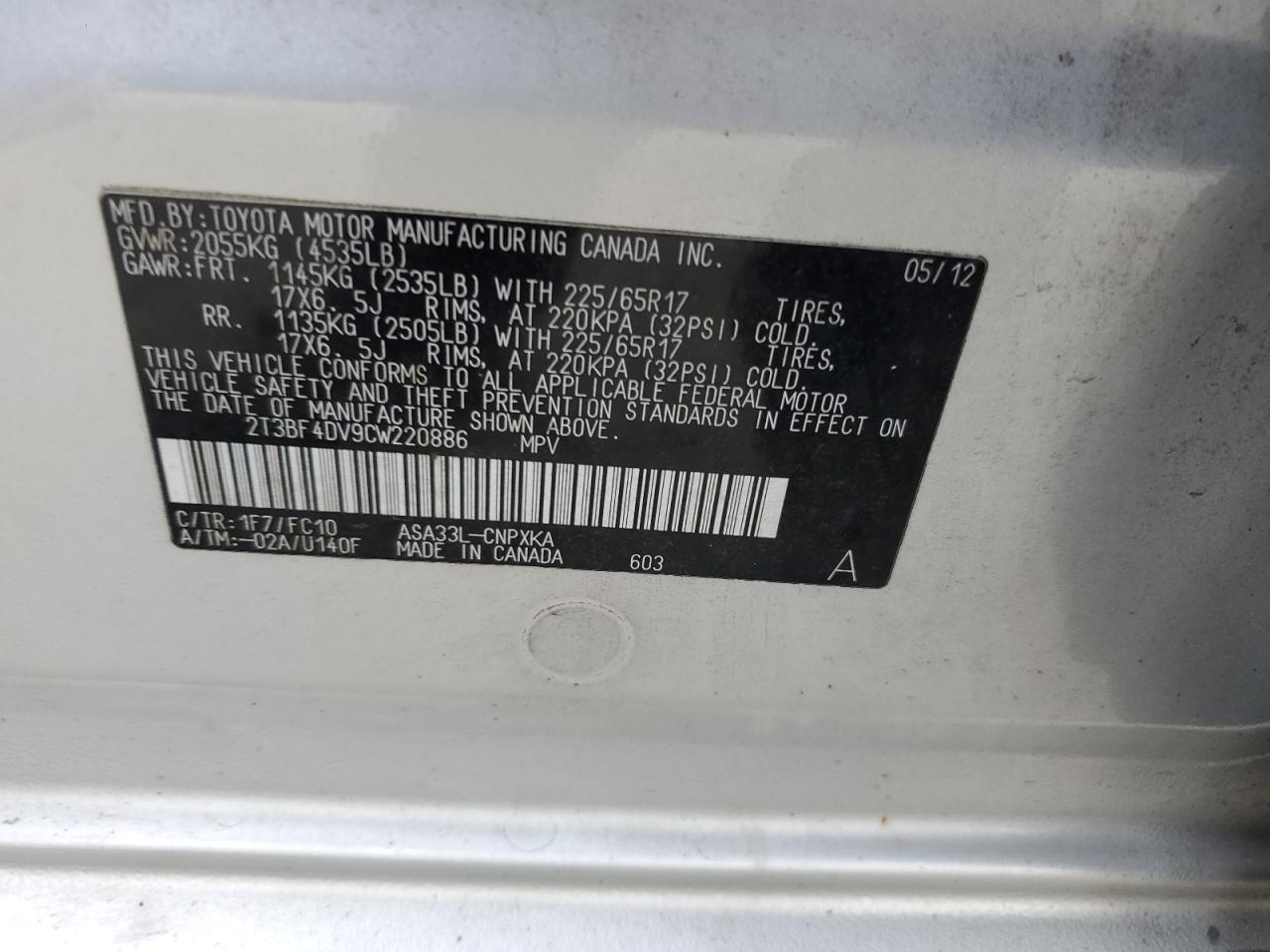 2012 Toyota Rav4 VIN: 2T3BF4DV9CW220886 Lot: 85289945