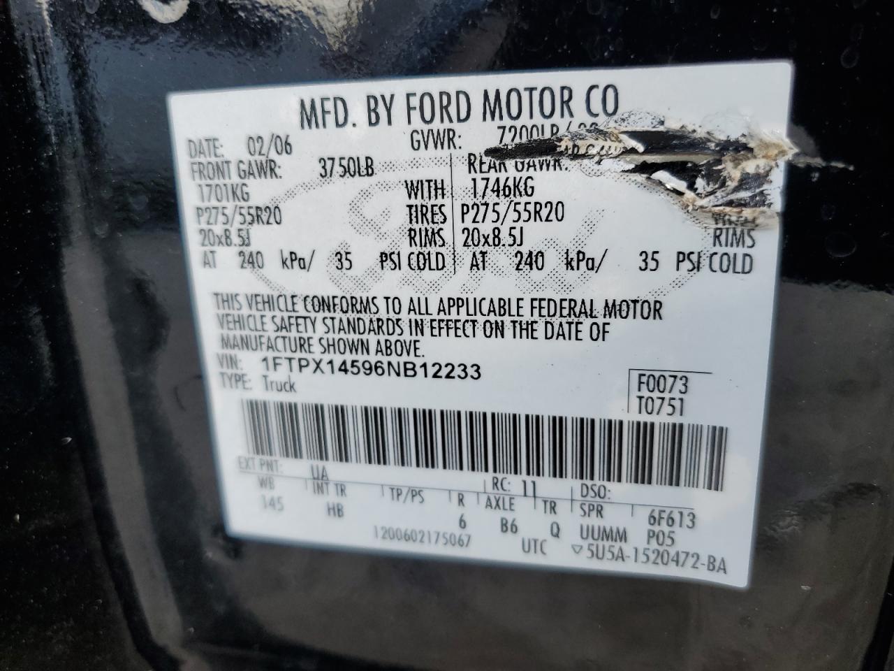 2006 Ford F150 VIN: 1FTPX14596NB12233 Lot: 90380325