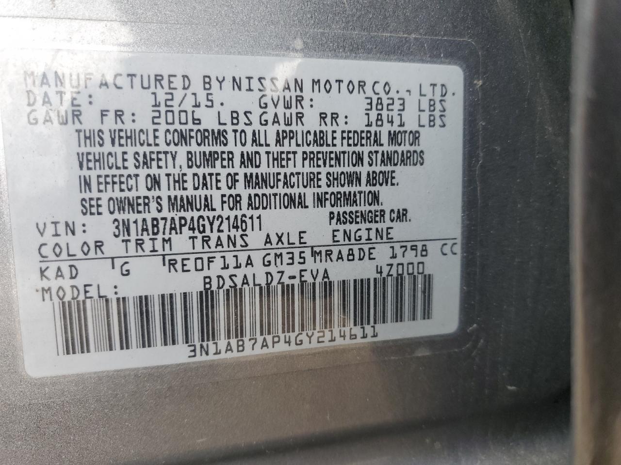 2016 Nissan Sentra S VIN: 3N1AB7AP4GY214611 Lot: 82441445