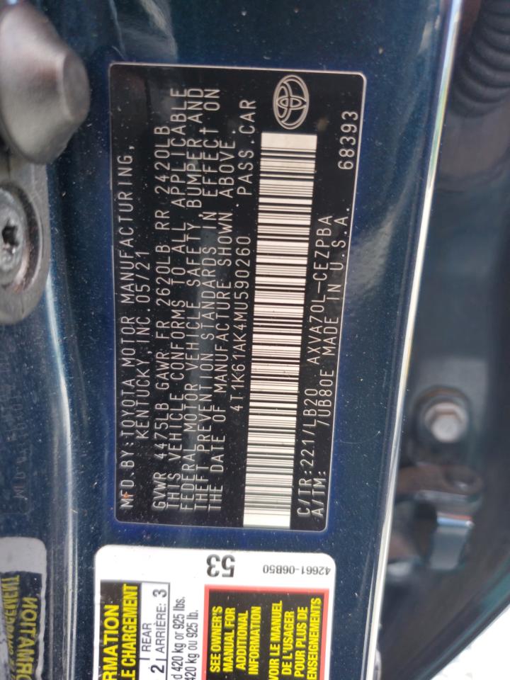 2021 Toyota Camry Xse VIN: 4T1K61AK4MU590260 Lot: 84752985