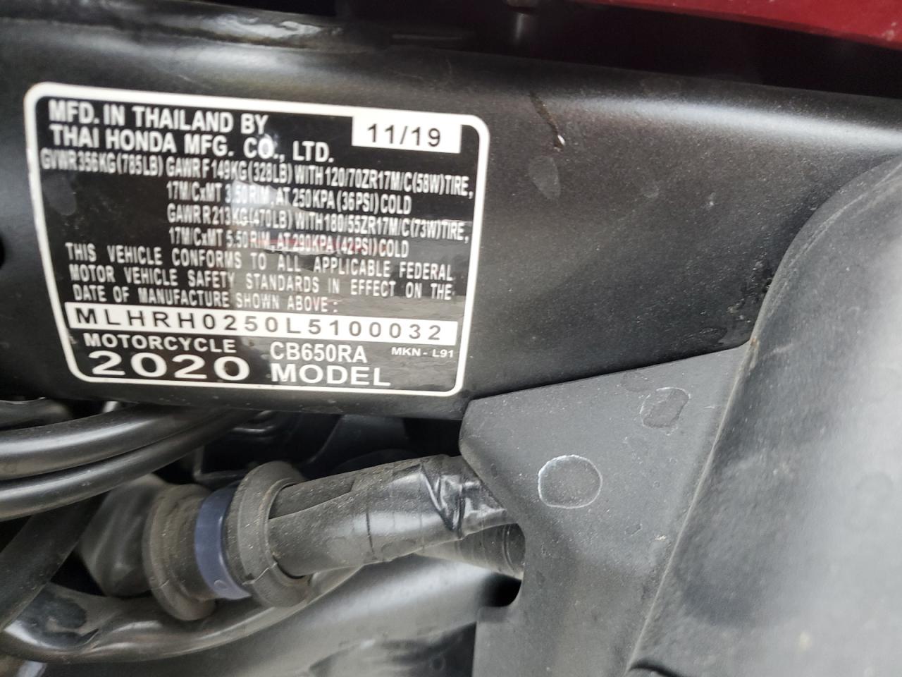 2020 Honda Cb650 Ra VIN: MLHRH0250L5100032 Lot: 89657505