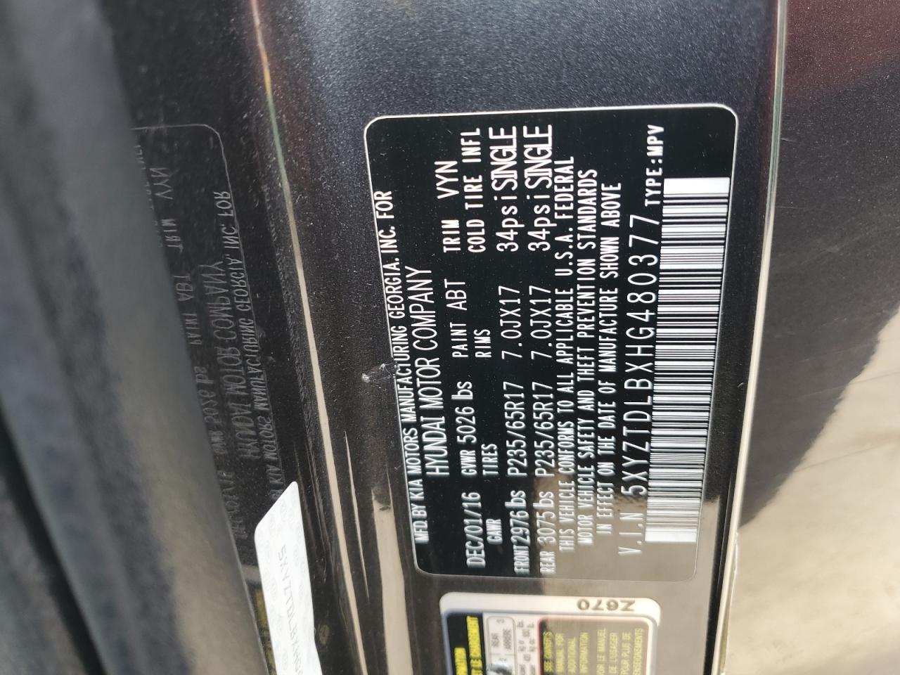 2017 Hyundai Santa Fe Sport VIN: 5XYZTDLBXHG480377 Lot: 82620635