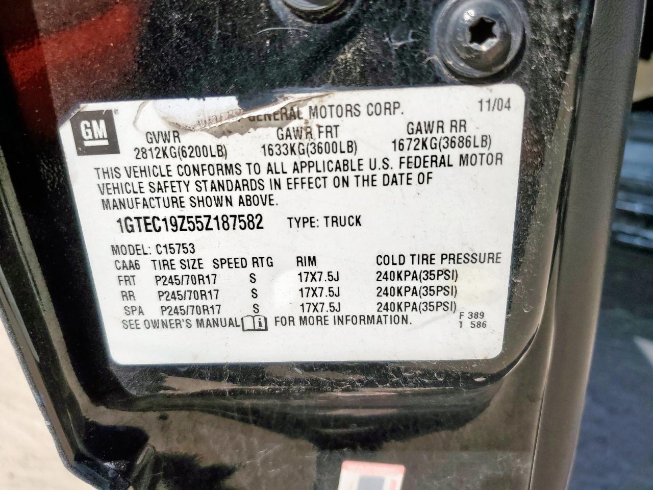 2005 GMC New Sierra C1500 VIN: 1GTEC19Z55Z187582 Lot: 86097595