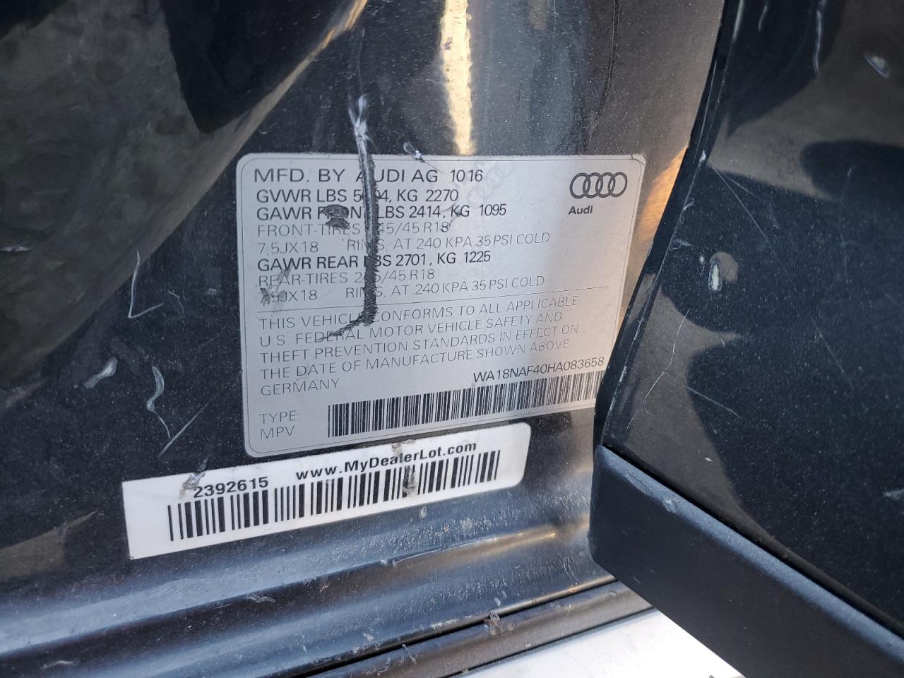 2017 Audi A4 Allroad Premium Plus VIN: WA18NAF40HA083658 Lot: 86441225