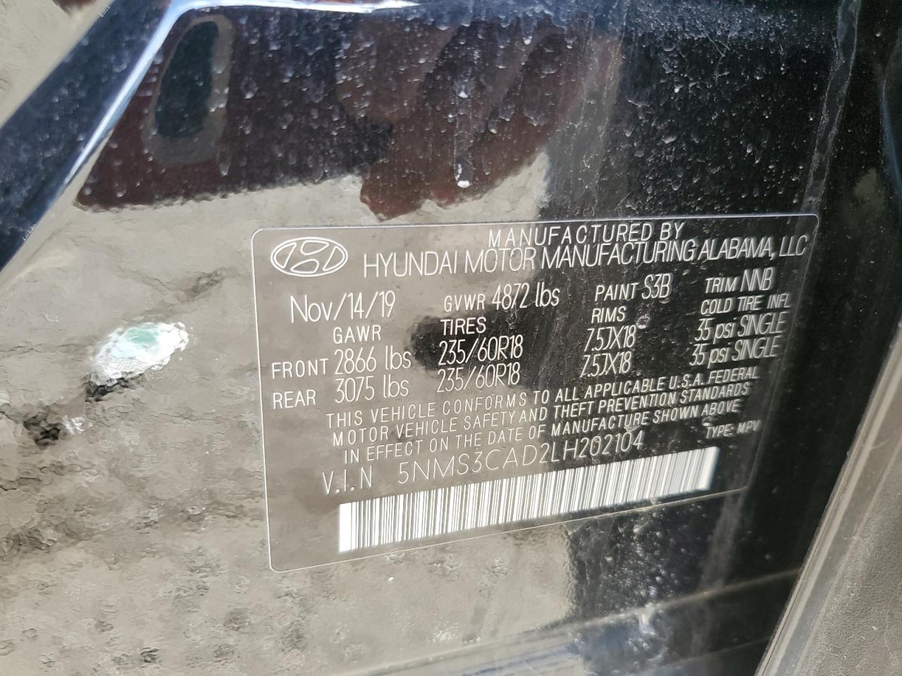 2020 Hyundai Santa Fe Sel VIN: 5NMS3CAD2LH202104 Lot: 81990005