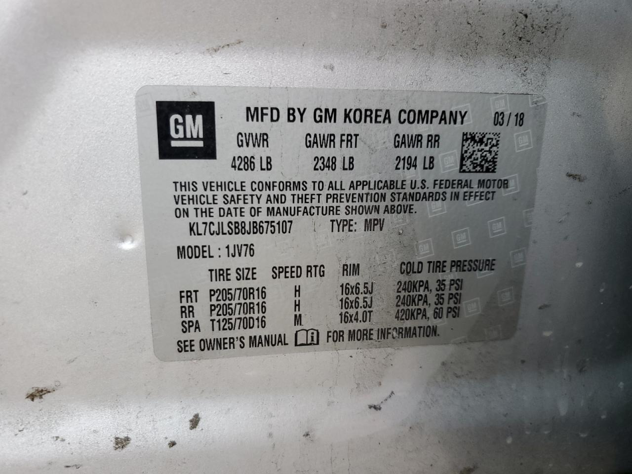 2018 Chevrolet Trax 1Lt VIN: KL7CJLSB8JB675107 Lot: 82477705