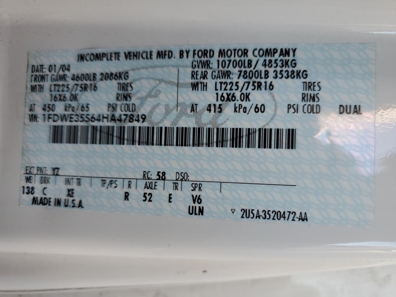 2004 Ford Econoline E350 Super Duty Cutaway Van VIN: 1FDWE35S64HA47849 Lot: 85559075